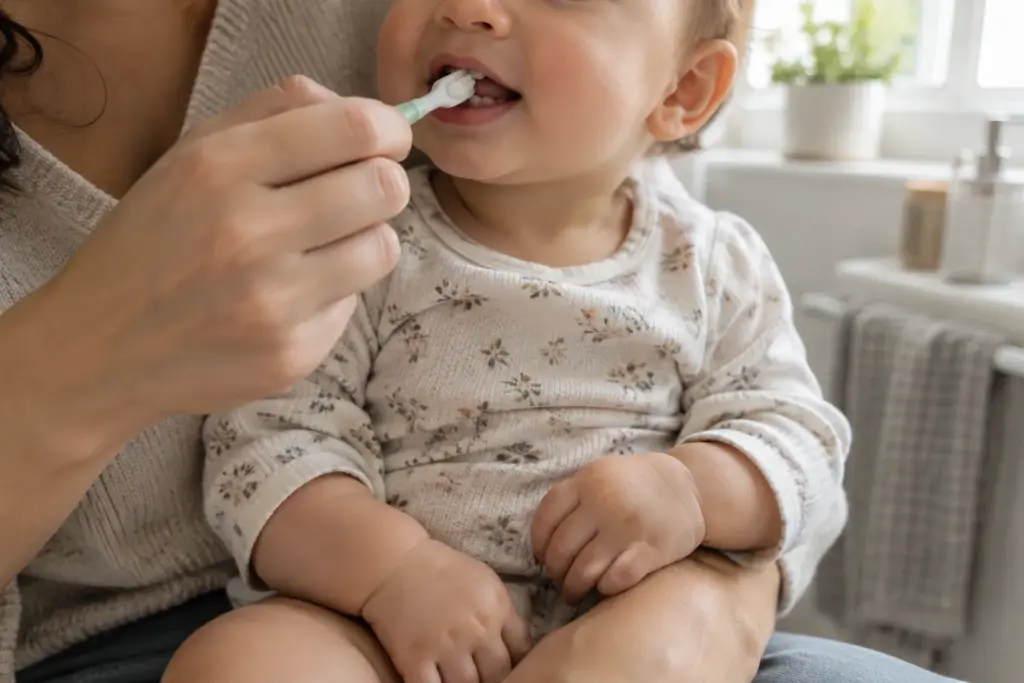 Un parent brosse doucement les premières dents de son bébé avec une petite brosse souple.