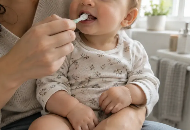 Un parent brosse doucement les premières dents de son bébé avec une petite brosse souple.