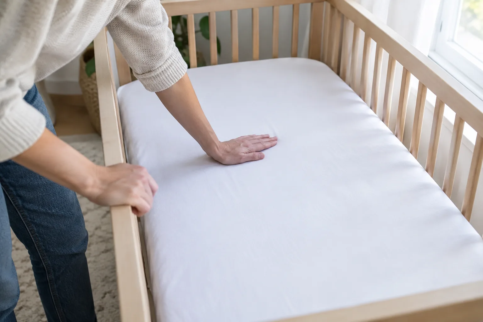 Un parent vérifie que le lit de bébé est dégagé avant le coucher.