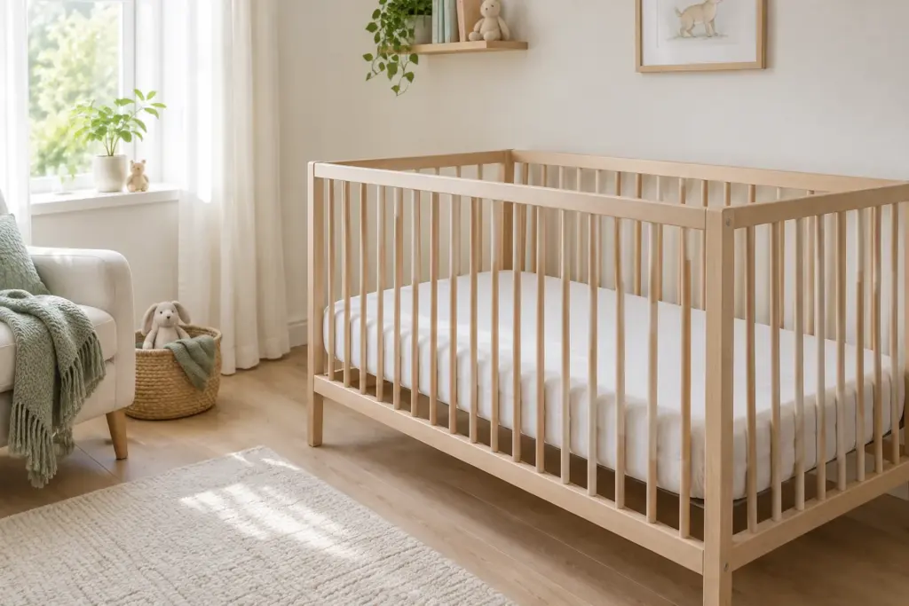 Lit de bébé préparé avec un matelas ferme et un drap-housse, sans accessoires dans le couchage.