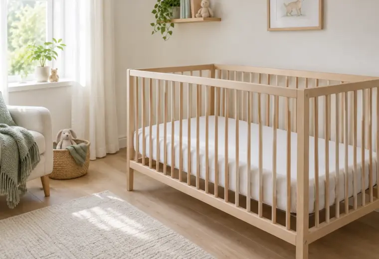 Lit de bébé préparé avec un matelas ferme et un drap-housse, sans accessoires dans le couchage.