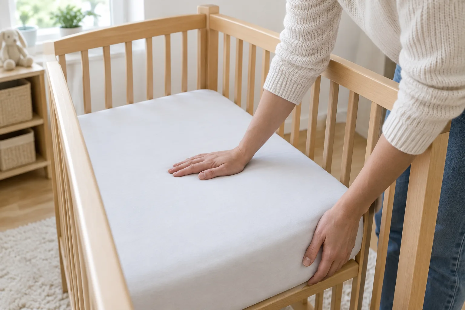 Une main vérifie l’ajustement du matelas dans un lit de bébé vide.