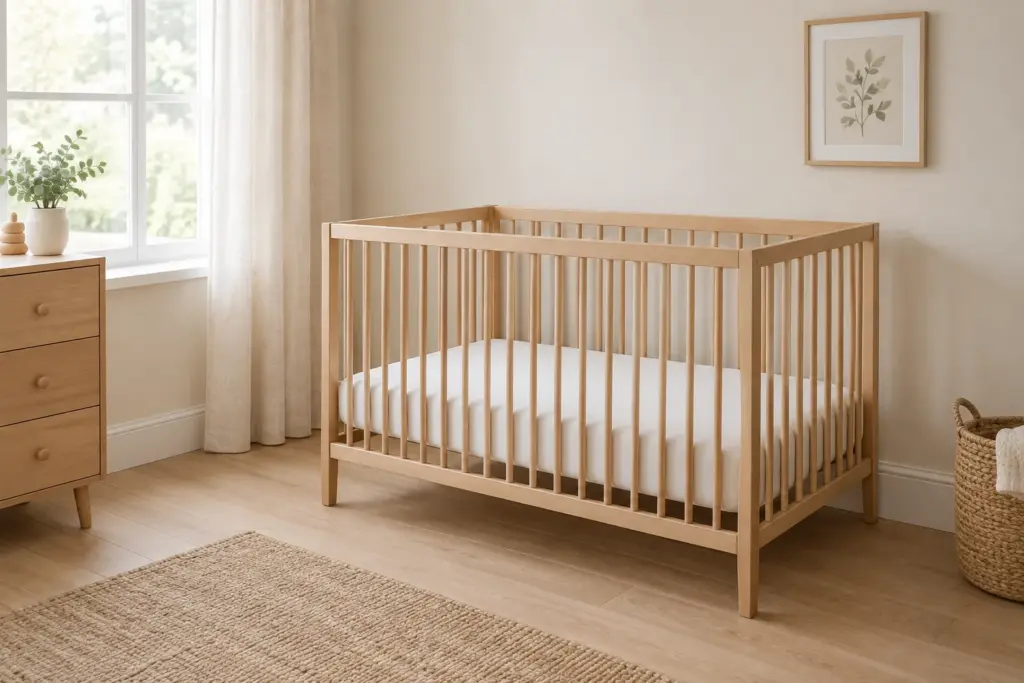 Un lit à barreaux vide avec un matelas ferme et un drap-housse ajusté.