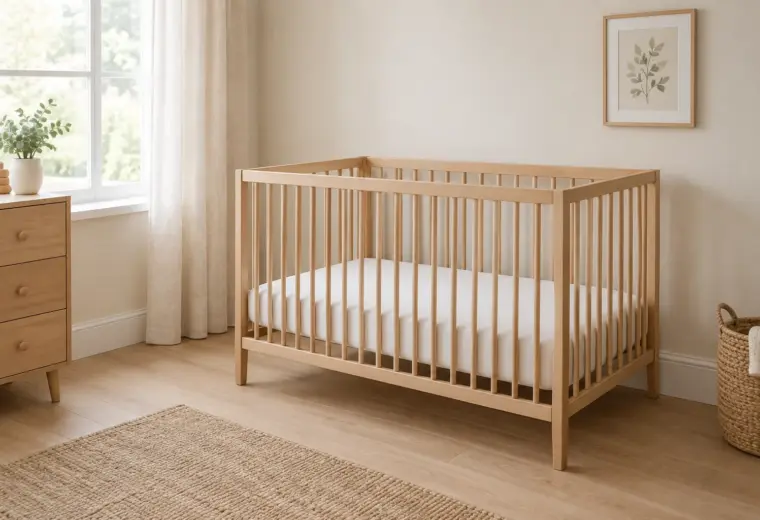 Un lit à barreaux vide avec un matelas ferme et un drap-housse ajusté.