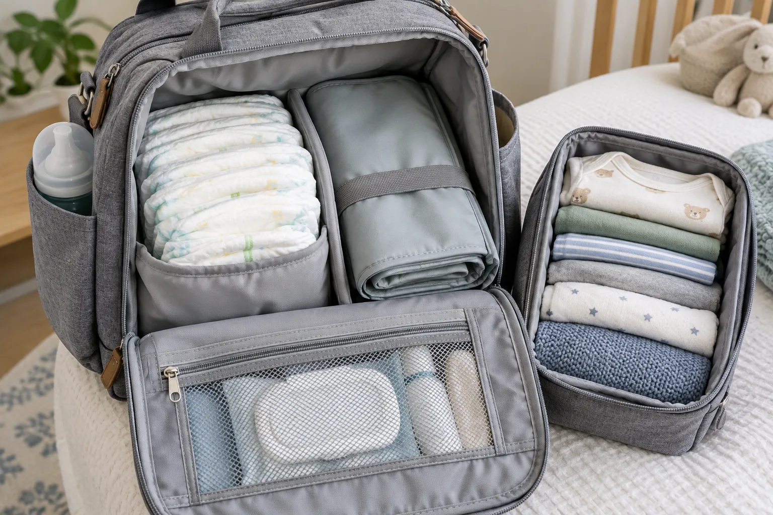 Un sac à langer ouvert, organisé avec les affaires de change et une pochette de vêtements.