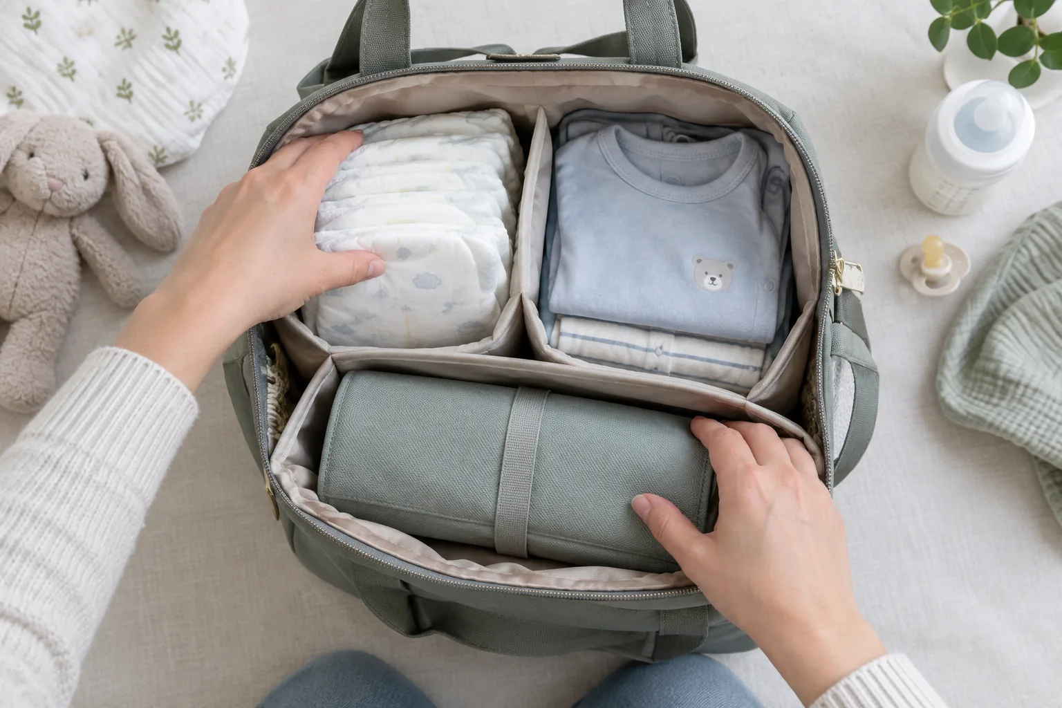 Des mains rangent des couches, un vêtement plié et un tapis à langer dans un sac ouvert.