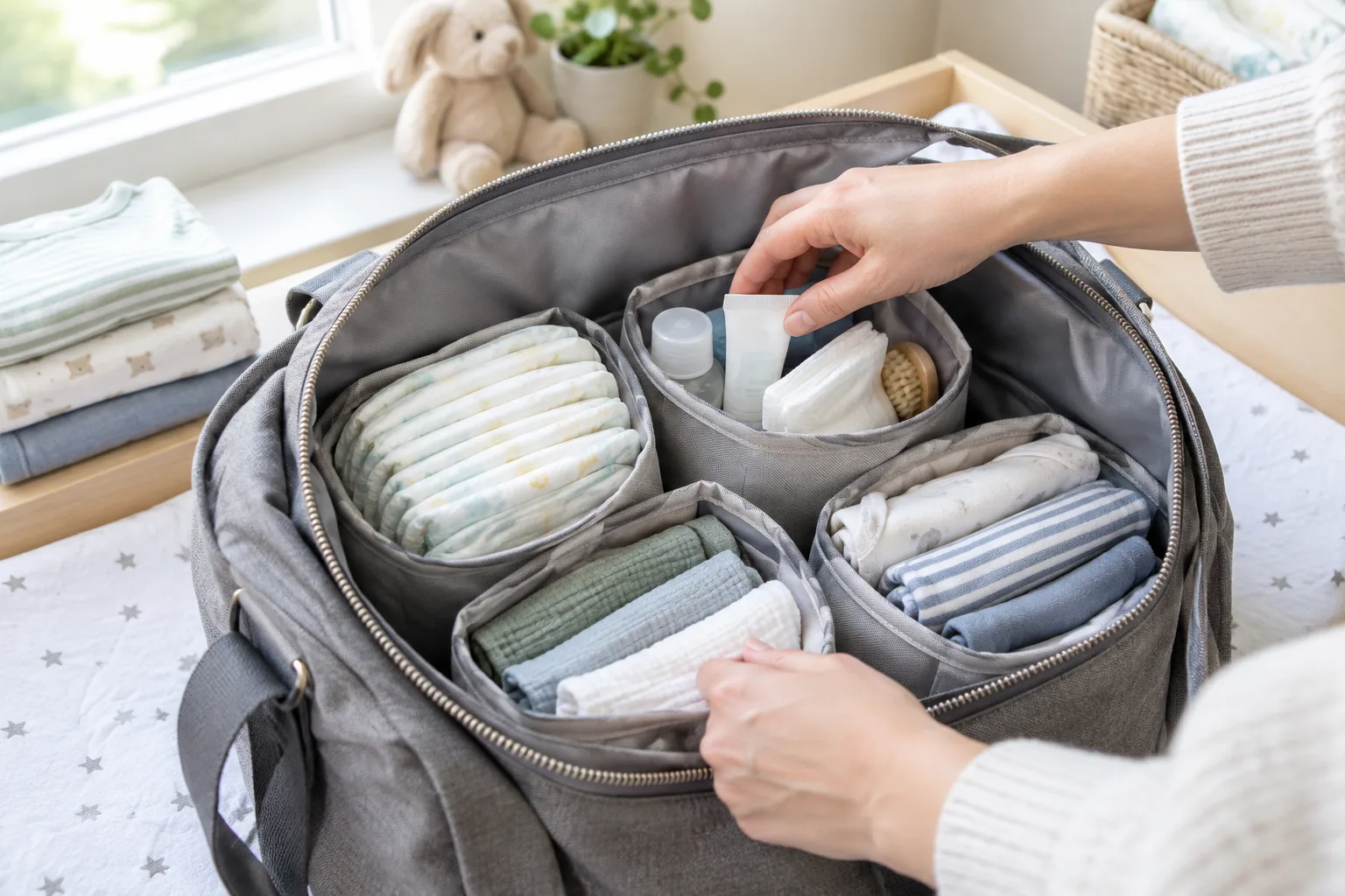 Des mains rangent les affaires de change dans des pochettes séparées, à l’intérieur d’un sac à langer.