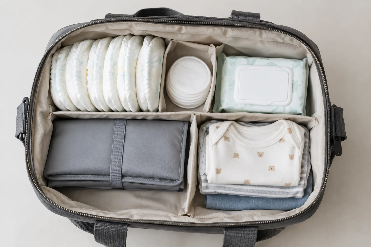 Les affaires de change de bébé rangées dans les compartiments d’un sac à langer.