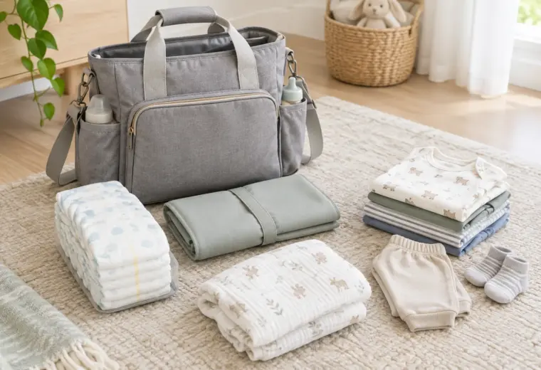 Un sac à langer ouvert avec des couches, un tapis pliable, un lange et des vêtements de rechange.