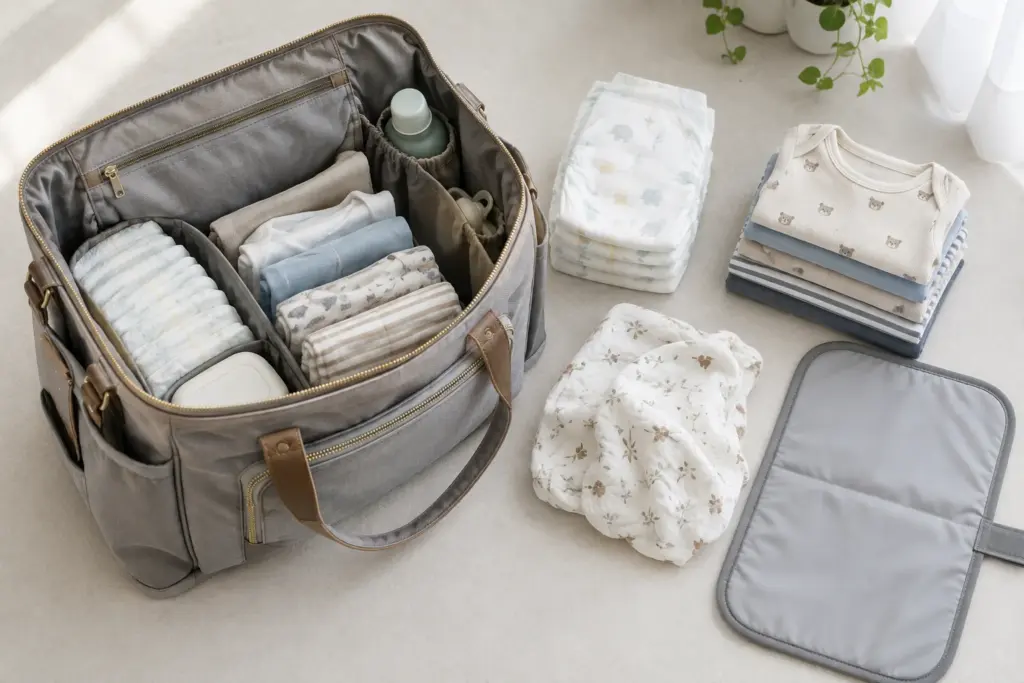 Un sac à langer ouvert avec des couches, une tenue de rechange et un matelas pliable.