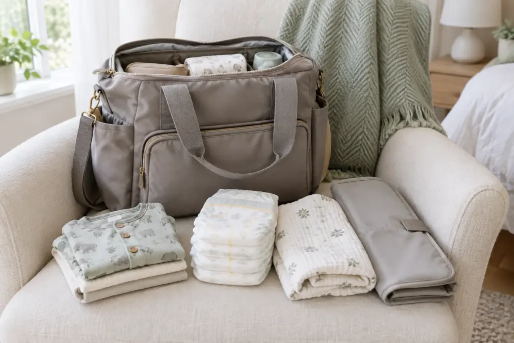 Un sac à langer ouvert avec des couches, un lange et des vêtements de rechange.