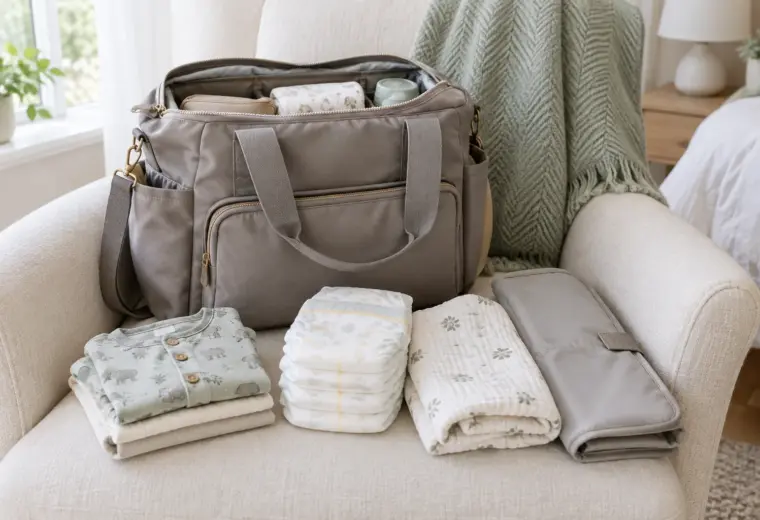 Un sac à langer ouvert avec des couches, un lange et des vêtements de rechange.