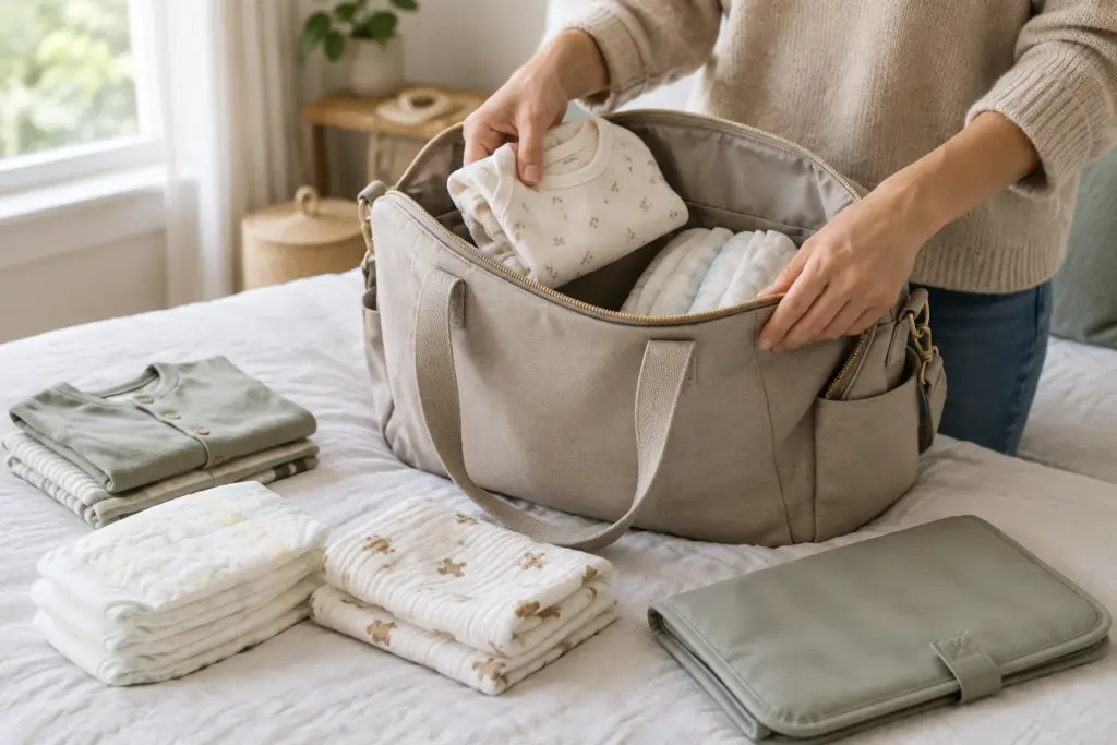 Des mains rangent une tenue de rechange et des essentiels pour bébé dans un sac à langer.