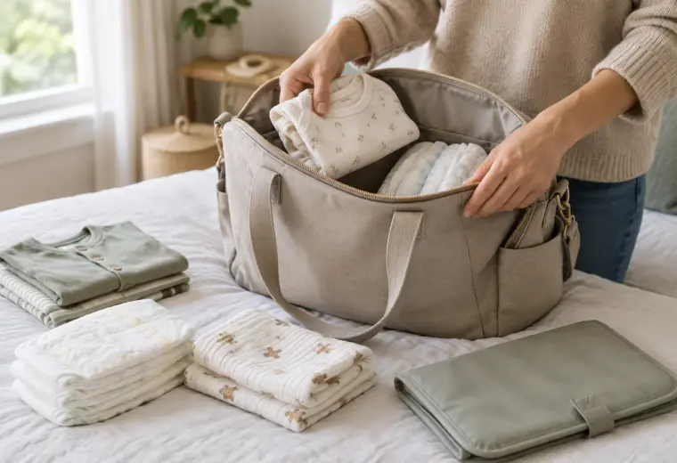 Des mains rangent une tenue de rechange et des essentiels pour bébé dans un sac à langer.