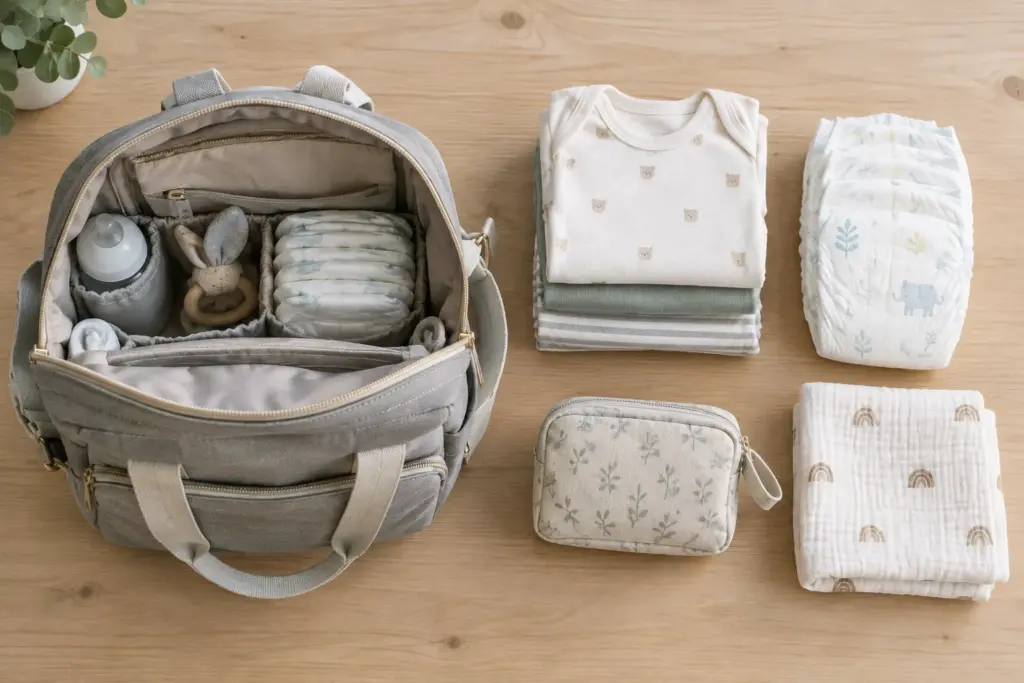 Un sac à langer ouvert avec des couches, une tenue pliée et quelques accessoires de sortie.