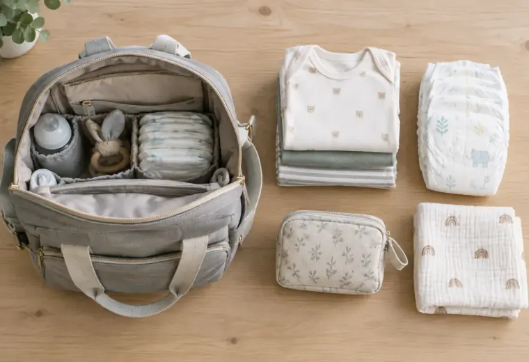 Un sac à langer ouvert avec des couches, une tenue pliée et quelques accessoires de sortie.
