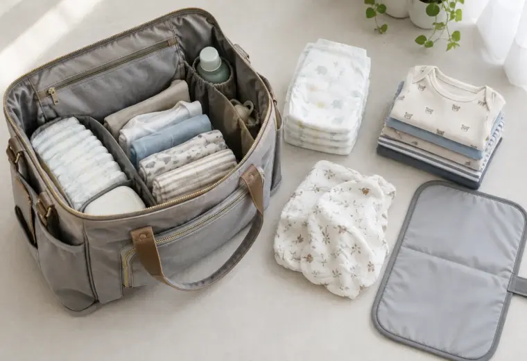 Un sac à langer ouvert avec des couches, une tenue de rechange et un matelas pliable.