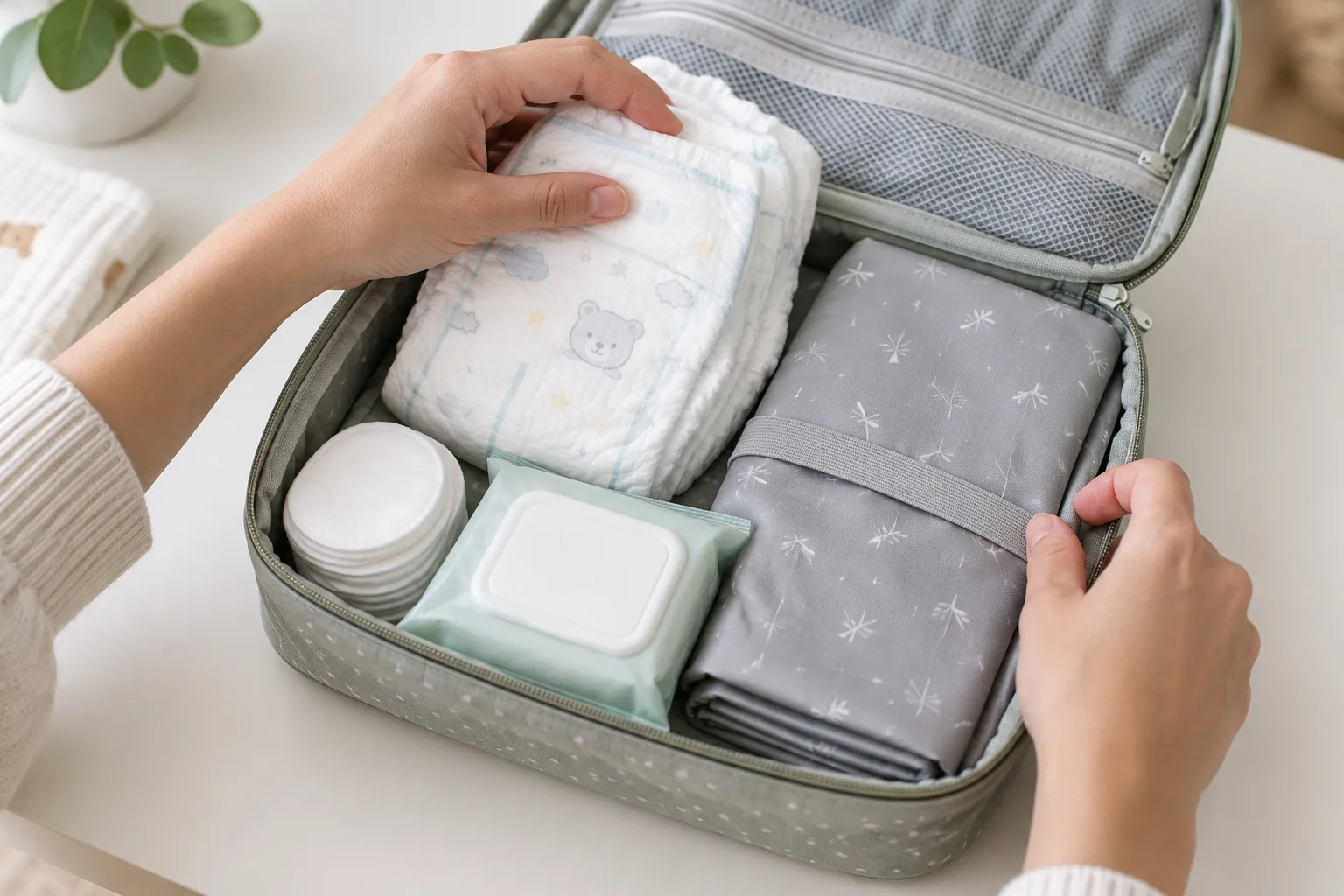 Des affaires de change réunies dans une pochette ouverte, avec une couche et un tapis pliable.