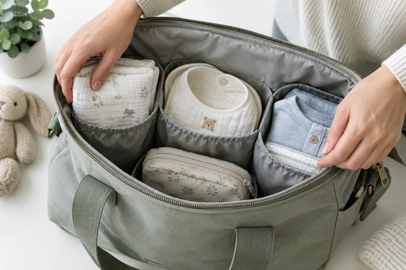 Des mains rangent une tenue de rechange, un lange et un bavoir dans les compartiments d’un sac à langer.