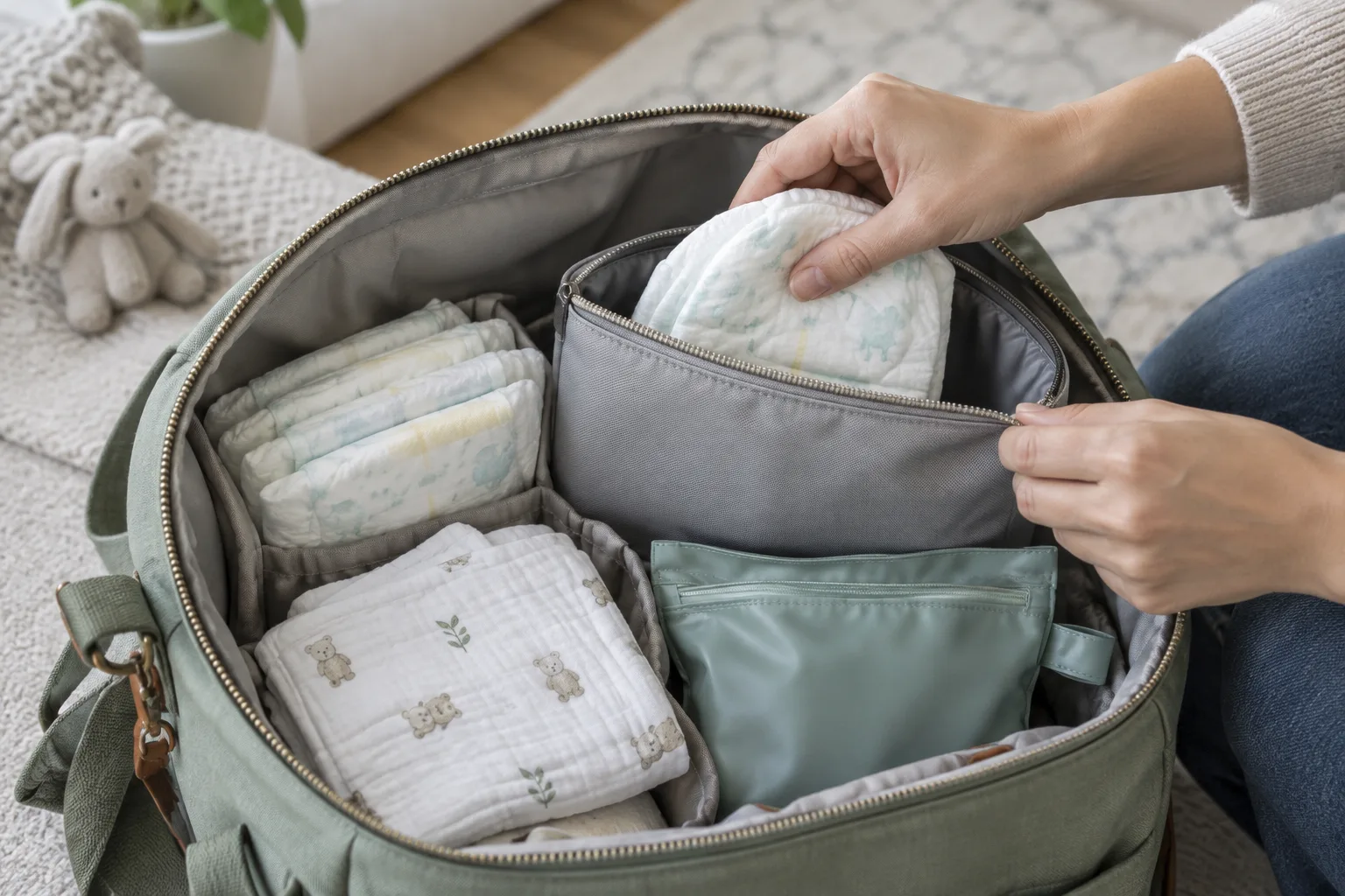 Un sac à langer ouvert contient une pochette de change, des couches, un lange et un petit sac imperméable.
