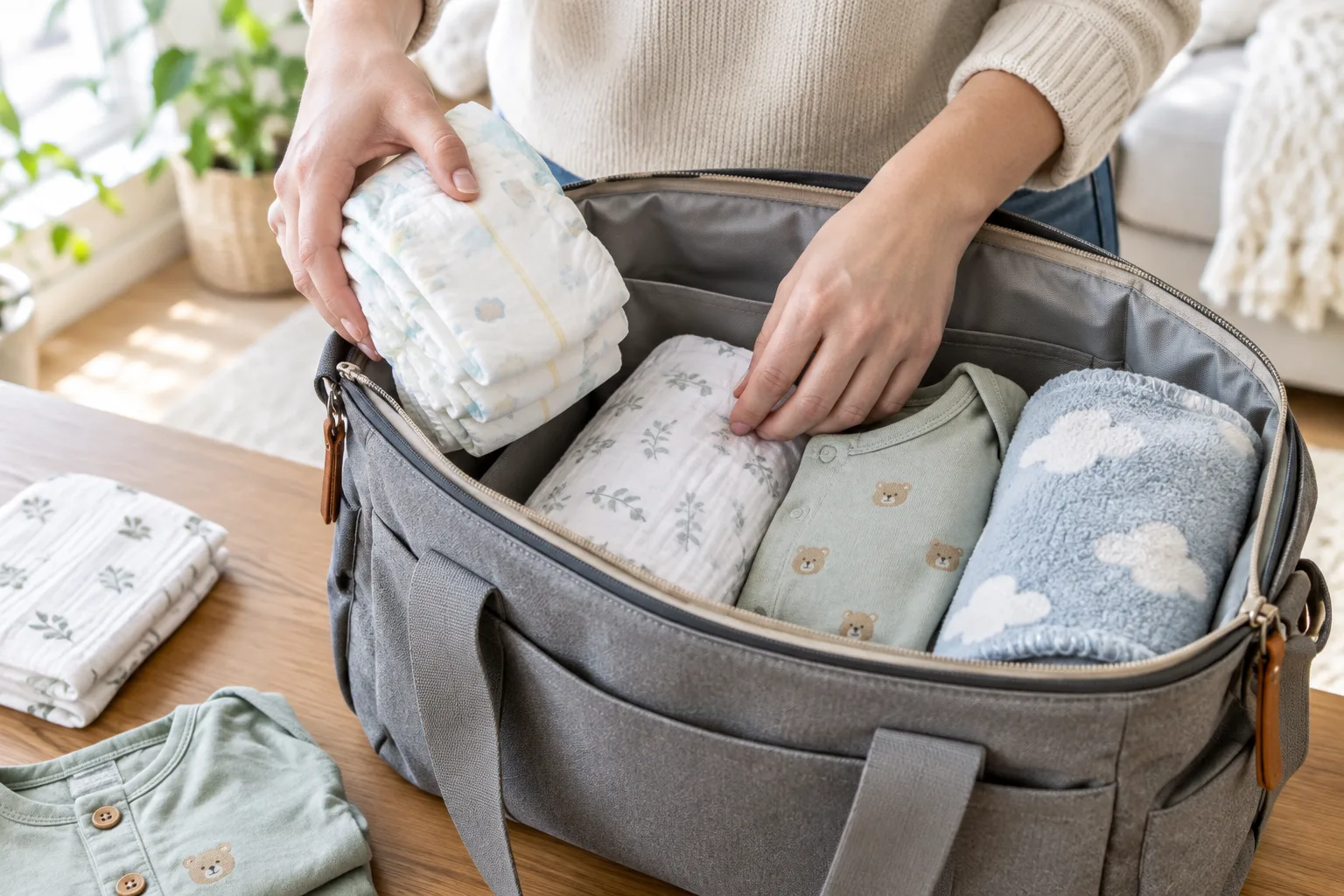 Des mains rangent des couches, un lange et des vêtements de rechange dans un sac à langer.