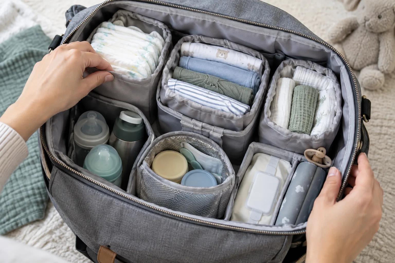 Des affaires de change et de repas rangées dans différentes pochettes d’un sac à langer ouvert.