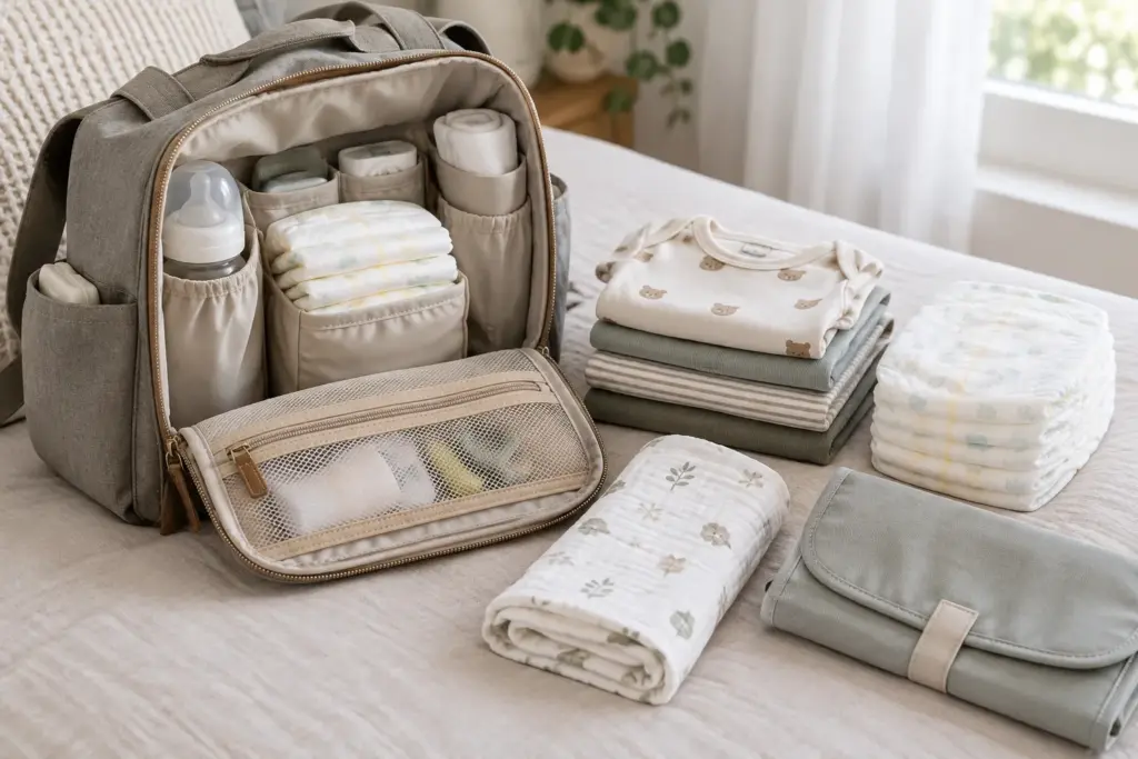 Un sac à langer ouvert avec des affaires de change et une tenue de rechange bien rangées.