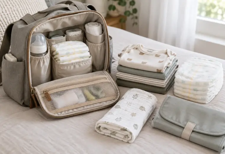 Un sac à langer ouvert avec des affaires de change et une tenue de rechange bien rangées.