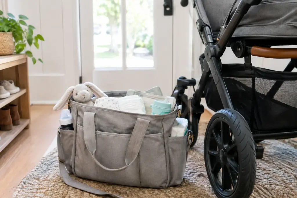 Un sac à langer ouvert avec quelques affaires de bébé rangées près d’une poussette.