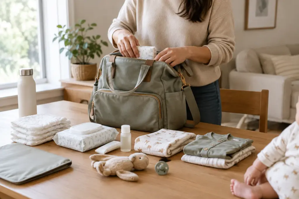 Un parent organise des affaires de bébé dans un sac à langer posé sur une table.