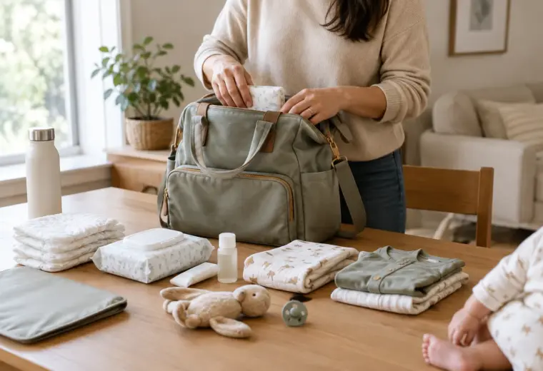 Un parent organise des affaires de bébé dans un sac à langer posé sur une table.