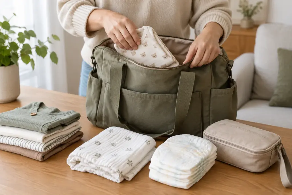 Des mains rangent des couches, un lange et des vêtements de rechange dans un sac à langer ouvert.