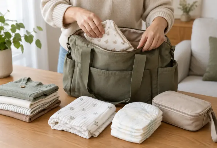 Des mains rangent des couches, un lange et des vêtements de rechange dans un sac à langer ouvert.