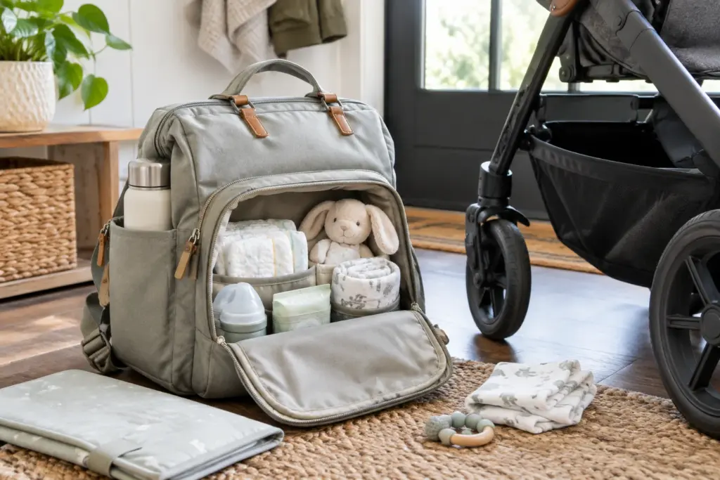 Un sac à langer ouvert avec des couches, un lange et une tenue de rechange.
