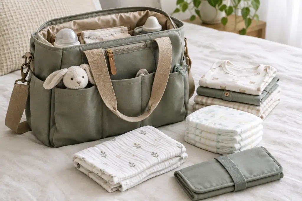 Un sac à langer ouvert avec des couches, des vêtements pliés et un lange propre.
