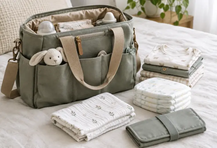 Un sac à langer ouvert avec des couches, des vêtements pliés et un lange propre.
