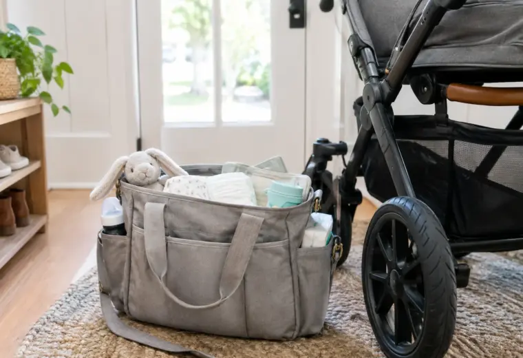 Un sac à langer ouvert avec quelques affaires de bébé rangées près d’une poussette.