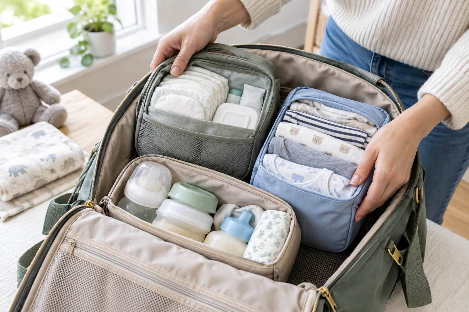 Des pochettes contenant les affaires de change et les vêtements sont rangées dans un sac à langer.
