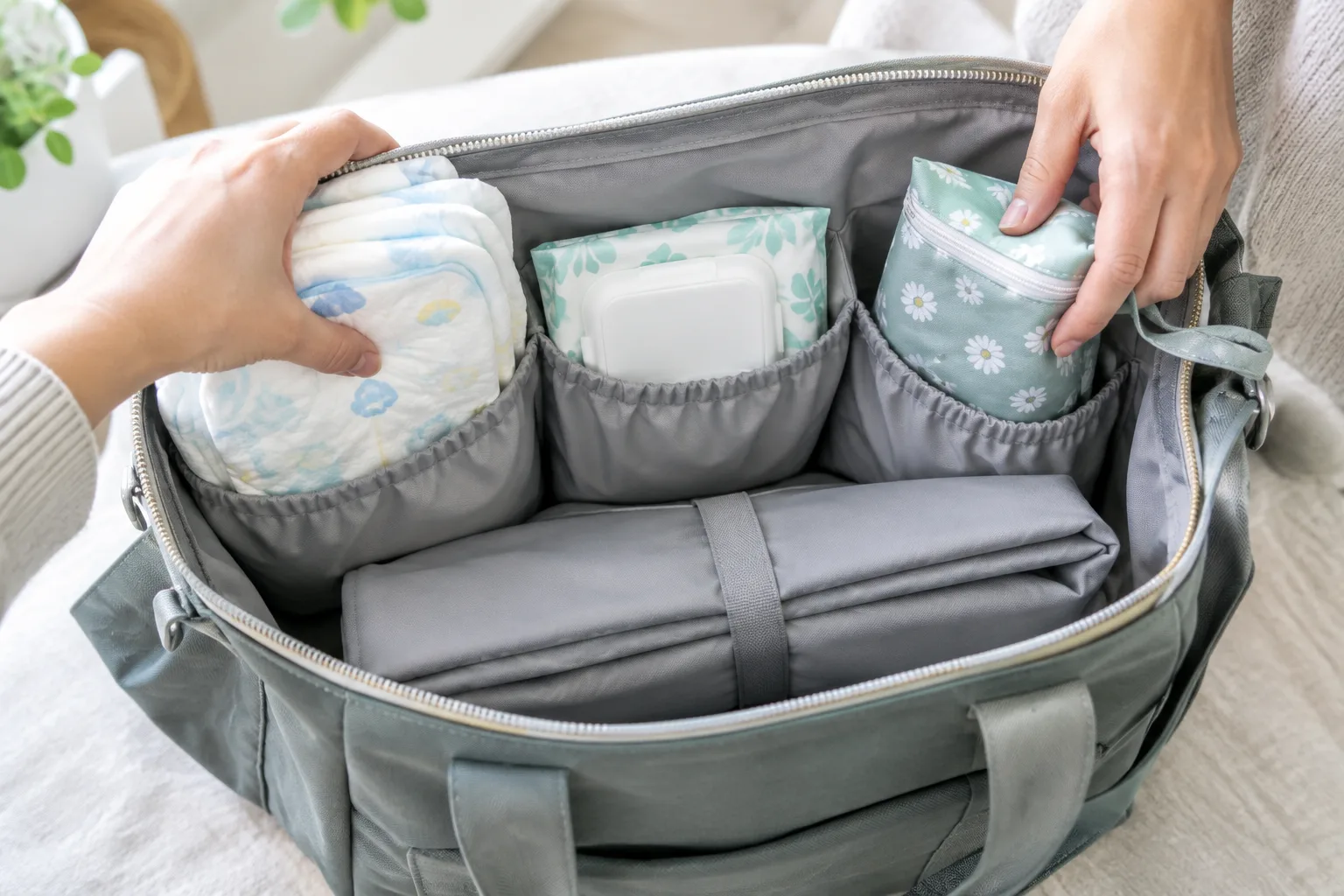 Des mains rangent des couches et un matelas à langer dans les poches d’un sac ouvert.