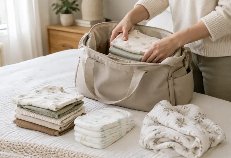 Des mains rangent des affaires de bébé dans un sac à langer ouvert.