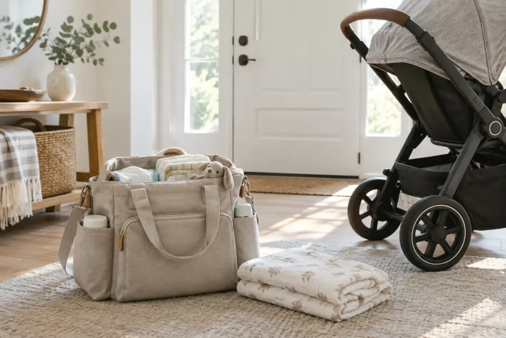 Un sac à langer ouvert avec quelques affaires de bébé, posé près d’une poussette.