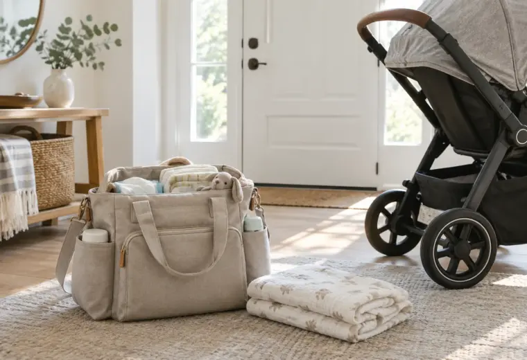 Un sac à langer ouvert avec quelques affaires de bébé, posé près d’une poussette.