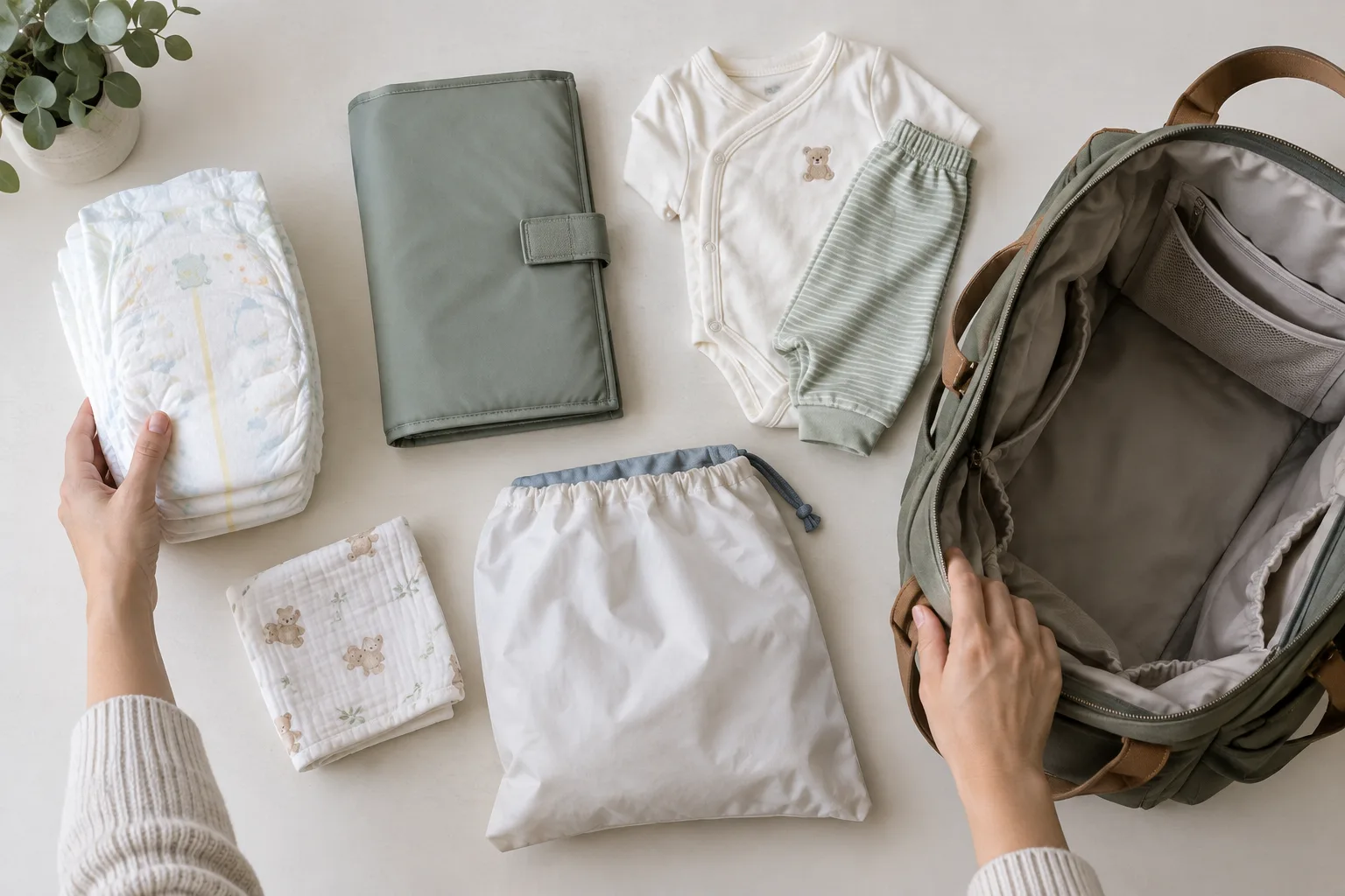 Des couches, un tapis à langer pliable et une tenue de bébé disposés avant d’être rangés dans un sac.