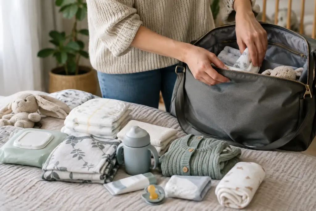 Un sac à langer ouvert avec des affaires de change et une tenue de rechange soigneusement rangées.