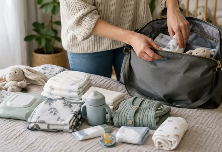 Un sac à langer ouvert avec des affaires de change et une tenue de rechange soigneusement rangées.