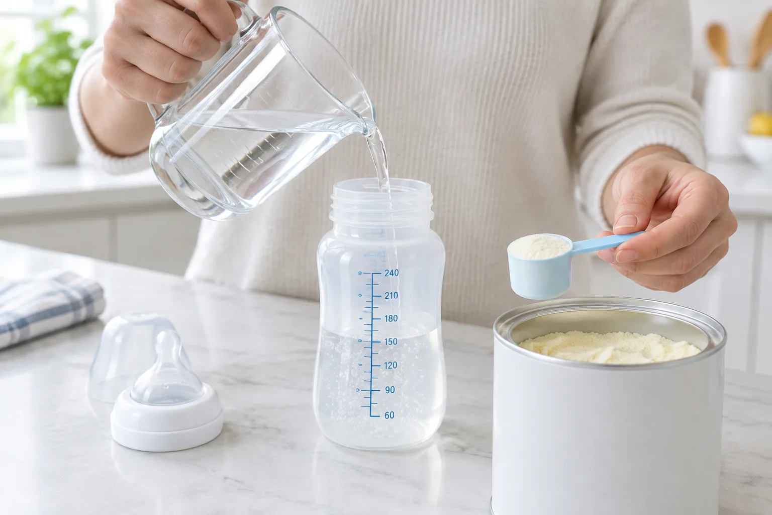 Un parent verse de l’eau dans un biberon avant d’ajouter une mesure de lait infantile.