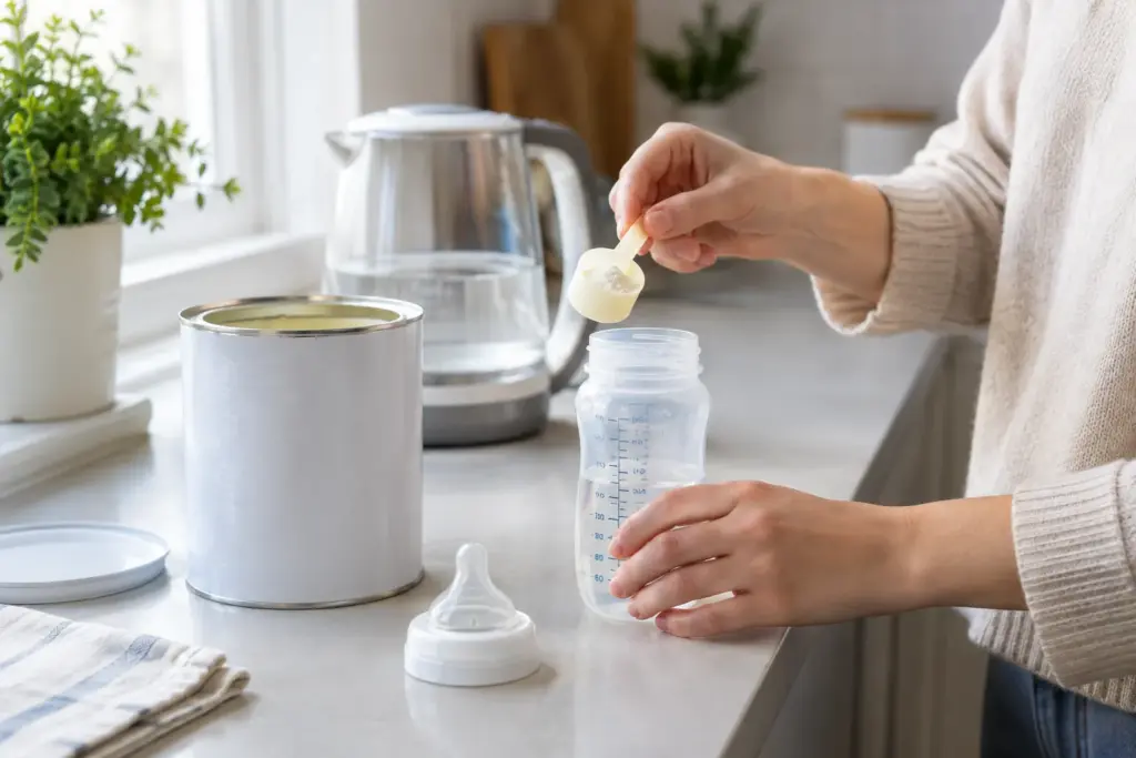 Mains préparant un biberon de lait infantile sur un plan de travail propre.