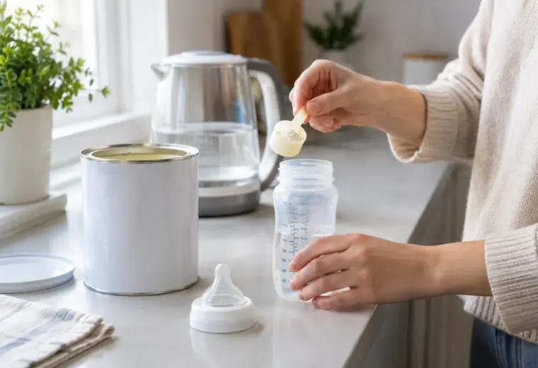Mains préparant un biberon de lait infantile sur un plan de travail propre.