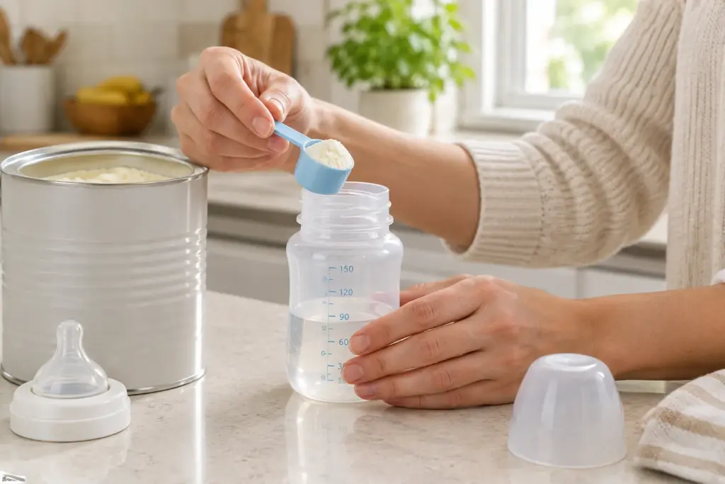 Des mains préparent un biberon de lait infantile sur un plan de travail propre.