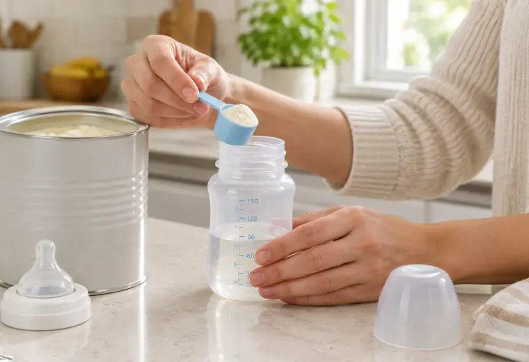 Des mains préparent un biberon de lait infantile sur un plan de travail propre.